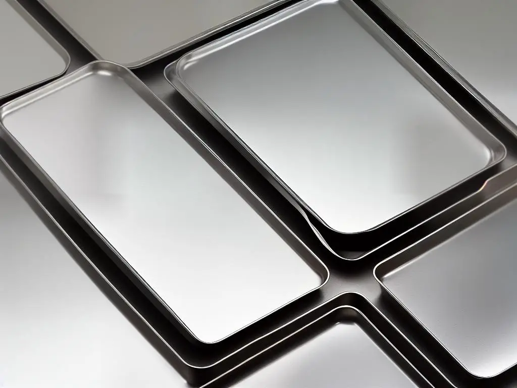 An image of four different types of cookie sheets: stainless steel, aluminum, ceramic, and aluminized steel.