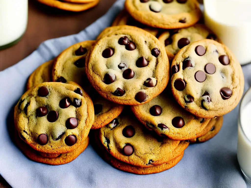 A stack of circular chocolate chip cookies with a glass of milk beside them.