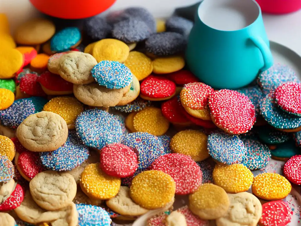 A picture of a decorated cookie jar full of colorful cookies sitting on a kitchen counter