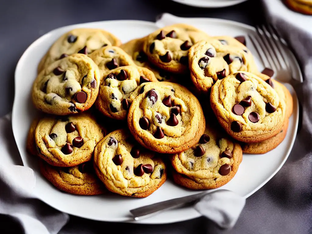 A plate of chocolate chip cookies with a lid over them as if being stored.