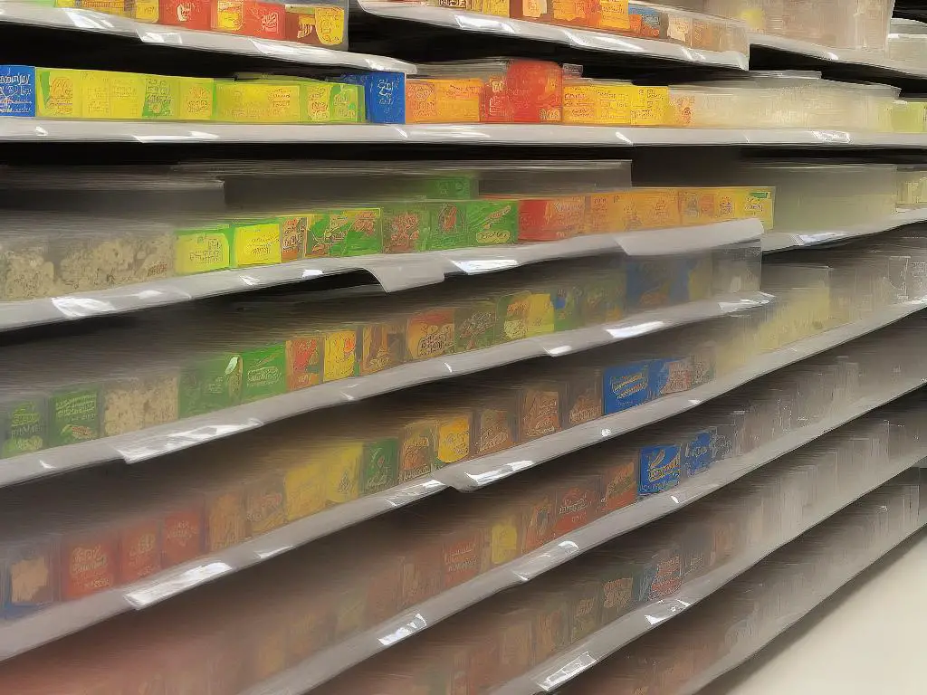 An image of cookies stored in airtight containers with labels on shelves.