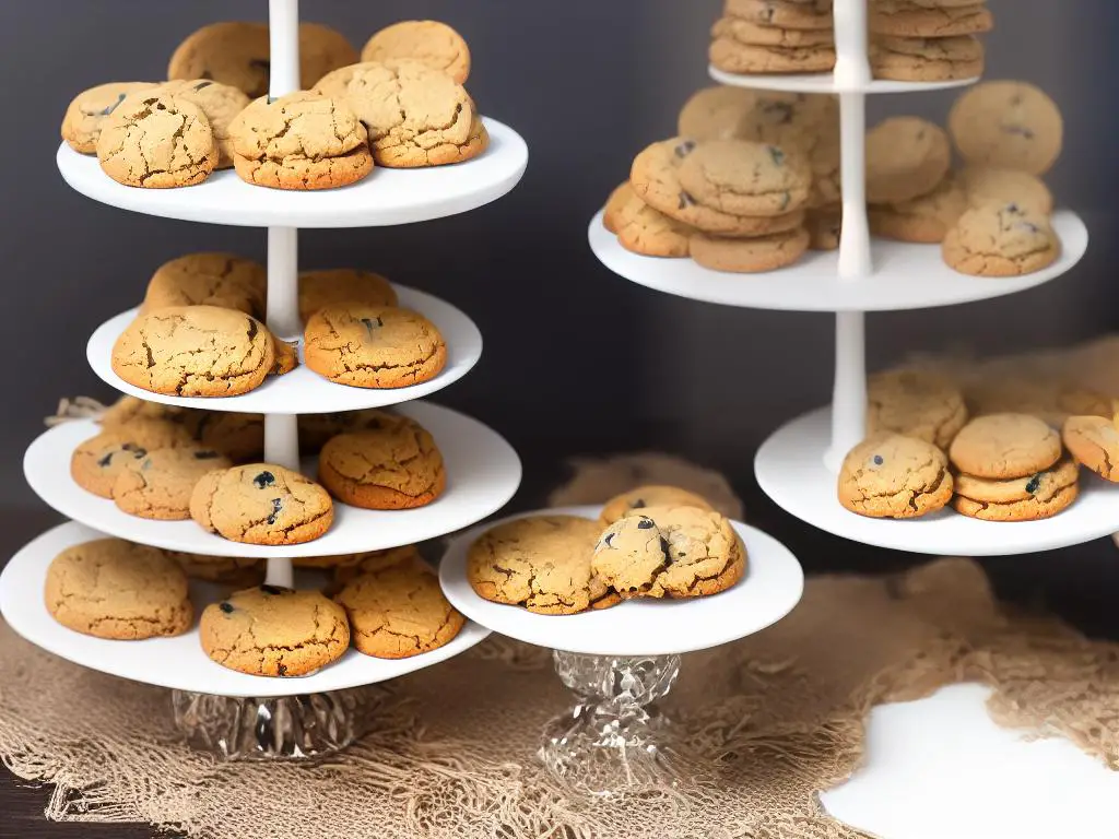 A tiered cake stand with beautifully decorated cookies on each level.