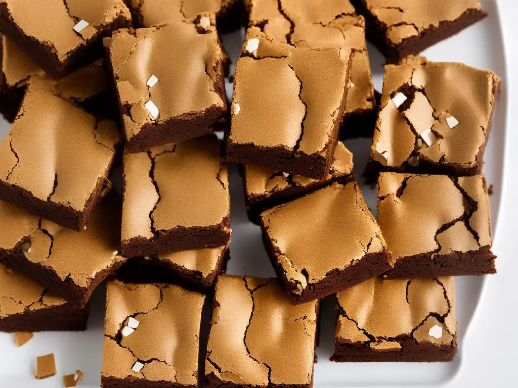 A picture of a stack of blonde-colored, square-shaped brownies on a white plate decorated with little pieces of edible gold foil. They look delicious and perfectly cut, with straight edges and the borders of the squares visible.