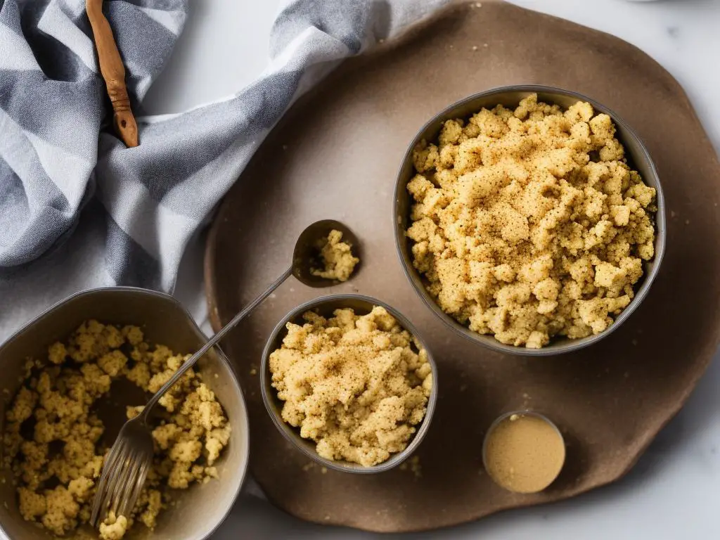 A bowl of browned butter with a kitchen thermometer nearby.