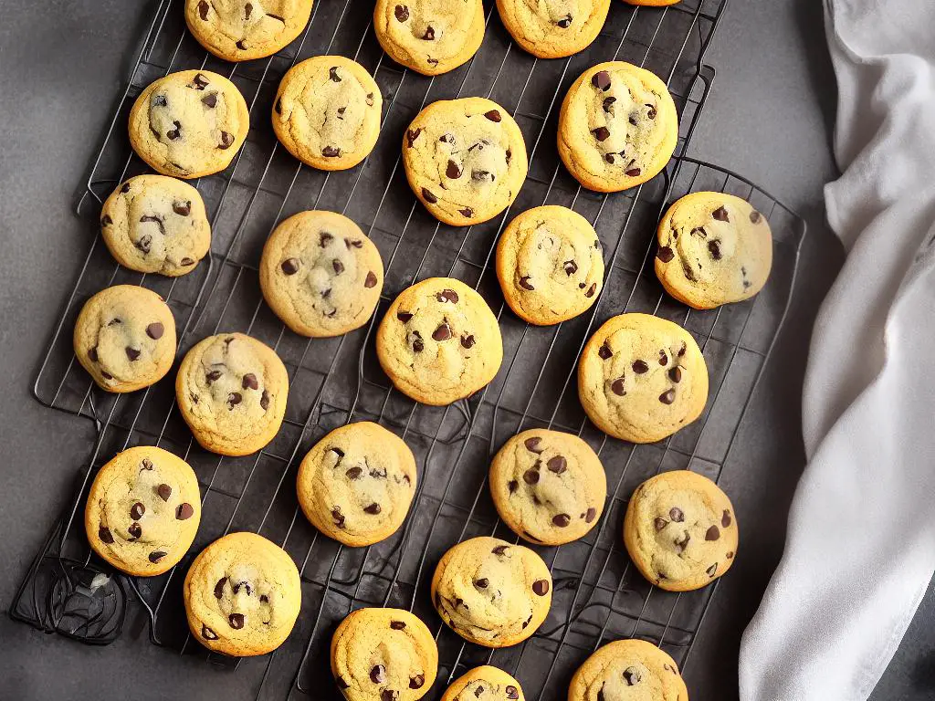 A picture of a freshly baked chocolate chip cookies on a baking sheet cooling on top of a wire rack.