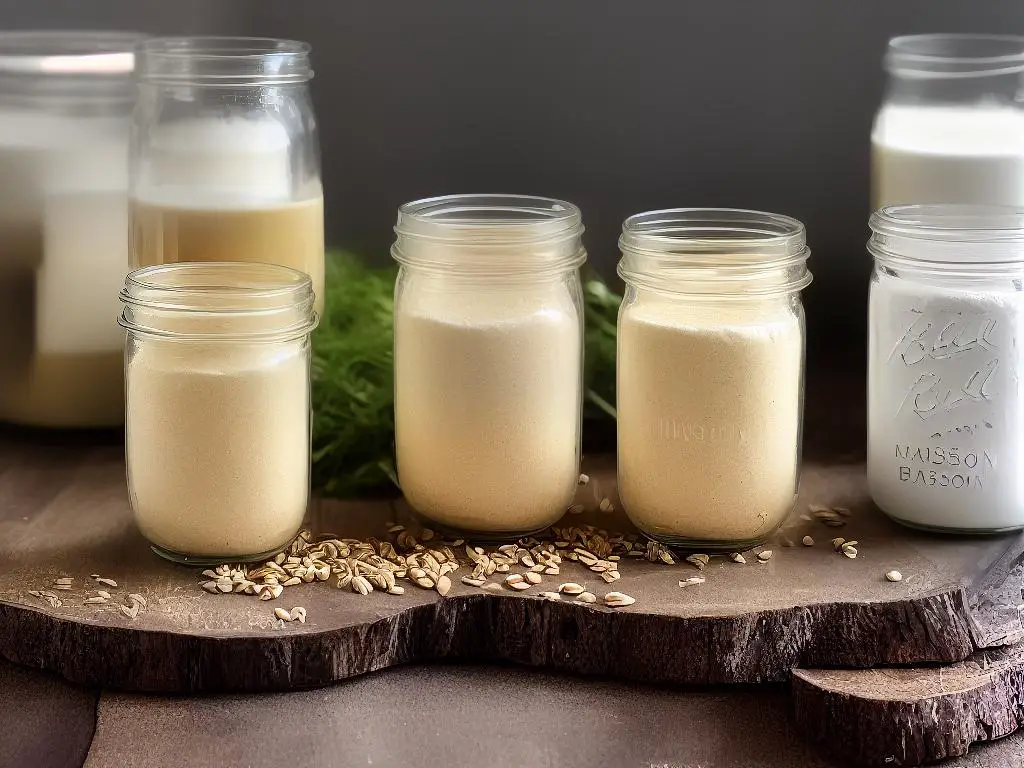 Three different types of flour in mason jars: Spelt, Kamut, and Einkorn