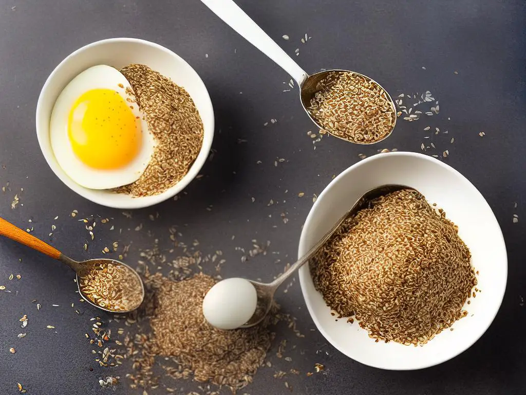 A bowl of ground flaxseeds and a spoon, with an egg being replaced by the mixture.