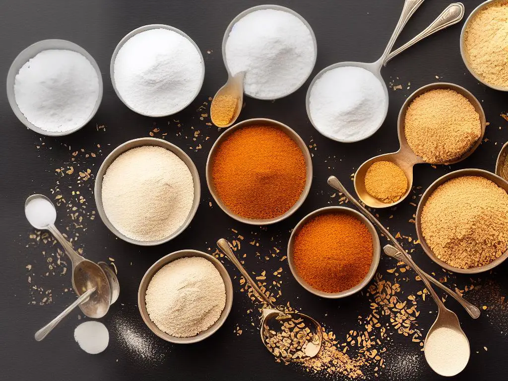 A picture of various types of flour in different sized bowls with spoons.