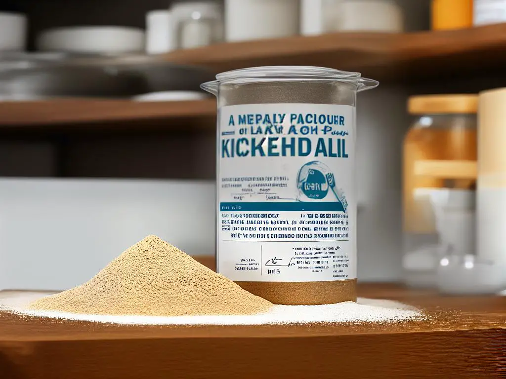 A container of flour with a label indicating purchase date and type of flour on a kitchen shelf.