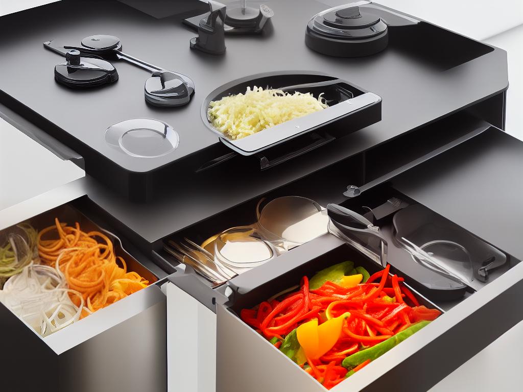 A picture of a food processor with its attachments stored in a designated drawer. The blades are covered with protective sheaths.