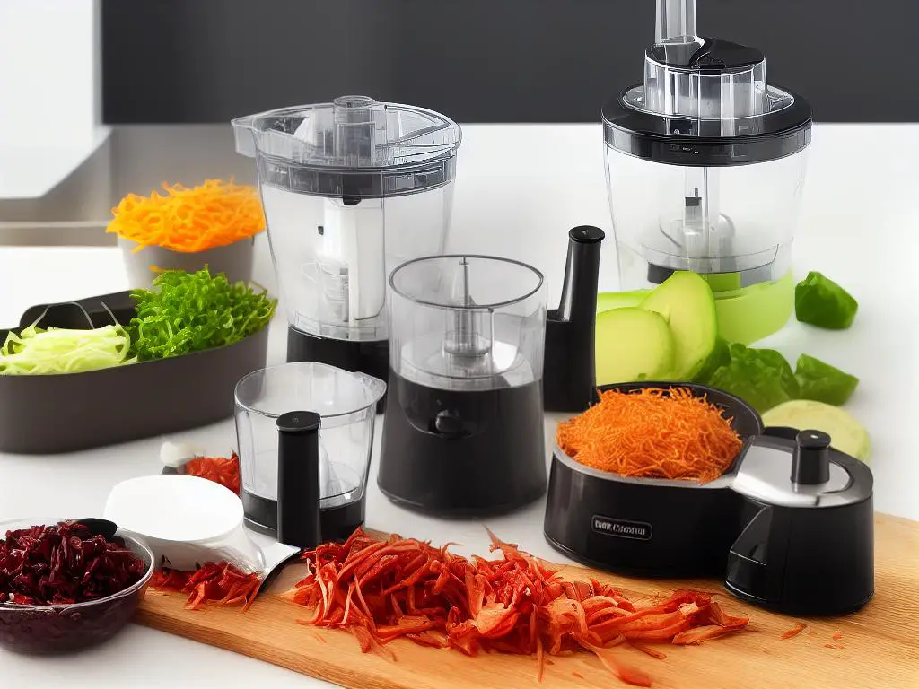 A picture of a food processor with all its attachments and blades
