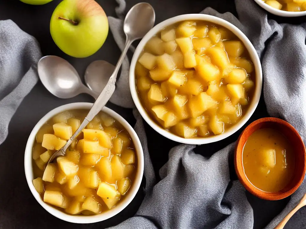 A picture of a bowl of freshly made apple sauce with a spoon.