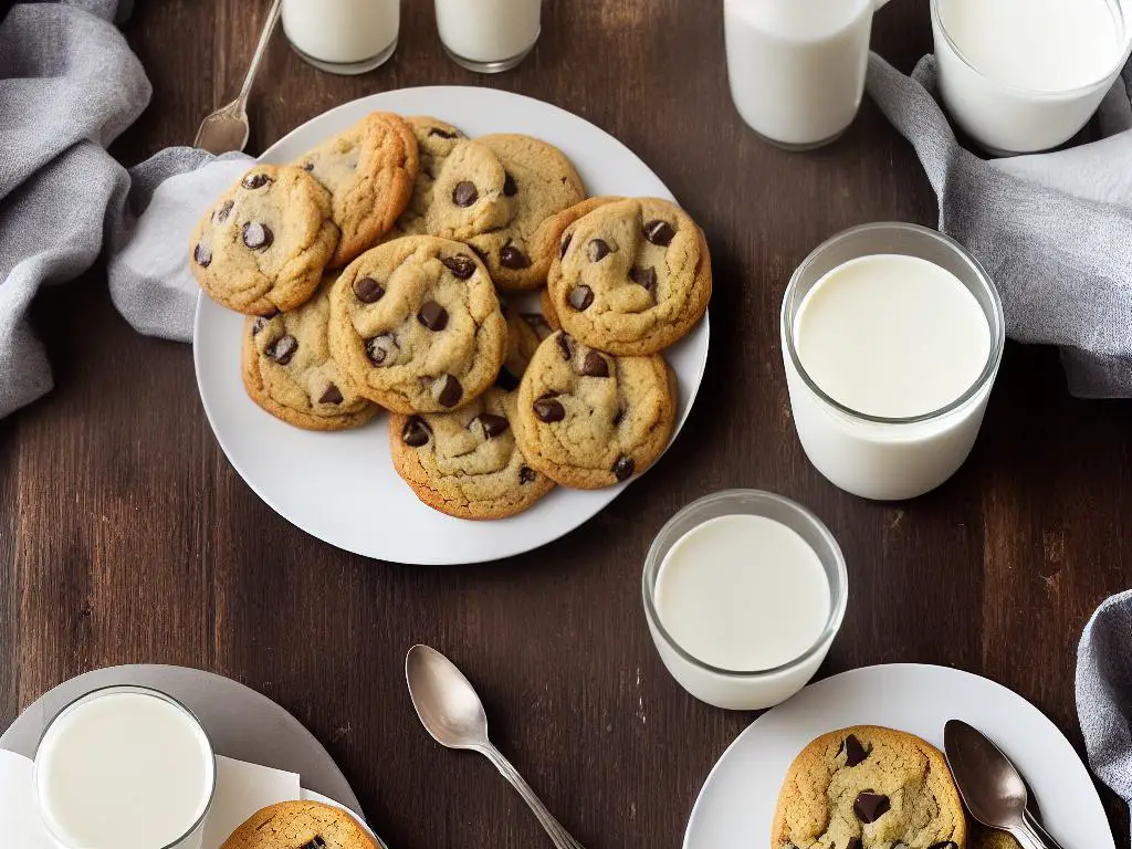 A baked cookie on a plate with a glass of milk in the background.