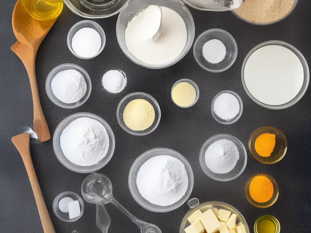 A close-up view of the different ingredients and tools required for making browned butter blondies, such as butter, sugar, eggs, vanilla extract, flour, baking powder, mixing bowl, whisk, etc.