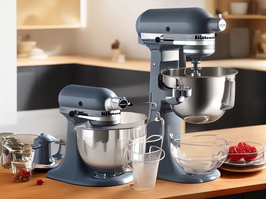 An image of a KitchenAid stand mixer with the Sifter and Scale Attachment connected to it, pouring ingredients into a mixing bowl.