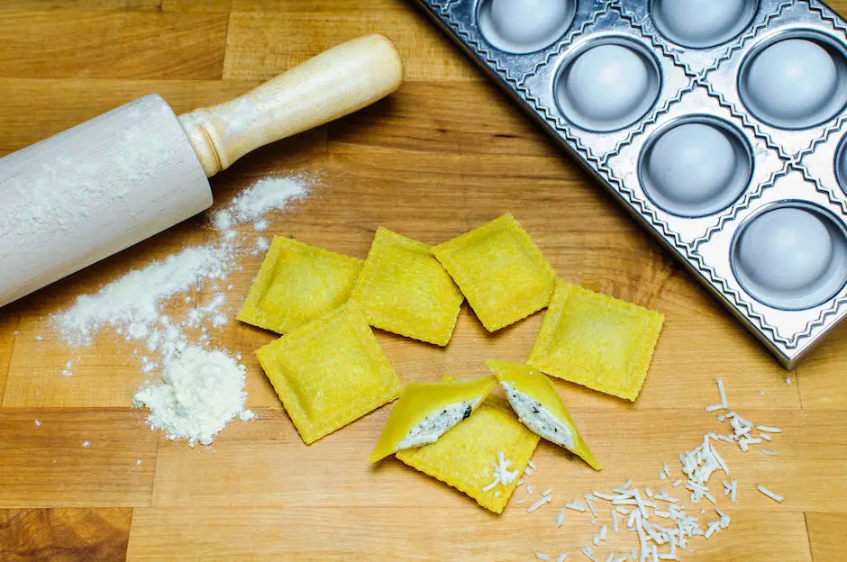 An image of a woman rolling out pasta dough on a kitchen countertop to make ravioli.