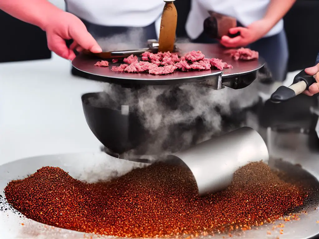 A metal attachment is being used to grind meat for making homemade sausages.