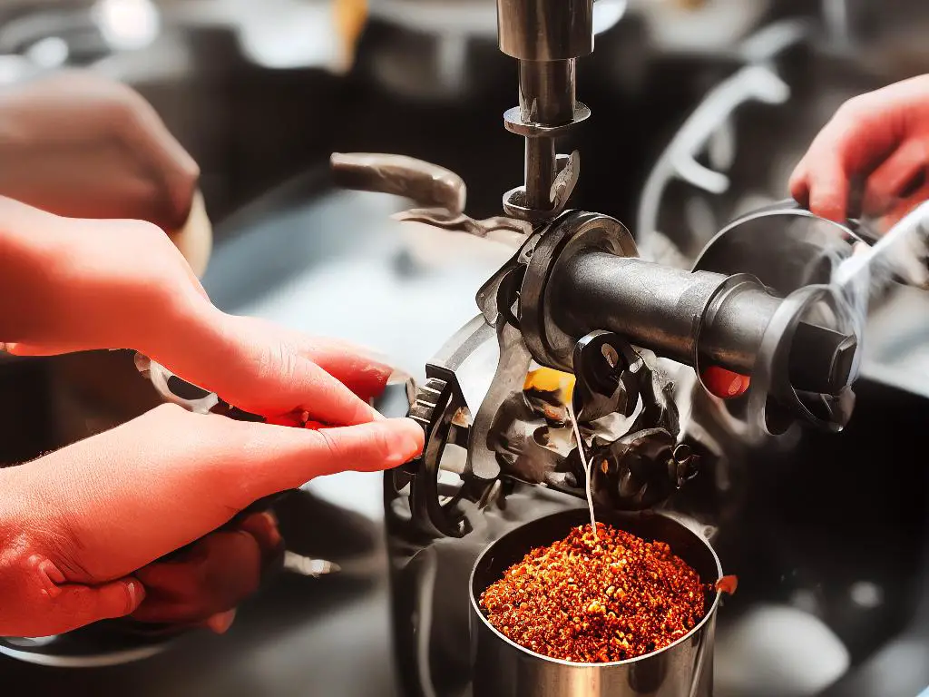 A picture of a hand turning a crank on a device attached to a table with ground meat being extruded from a funnel-shaped end.