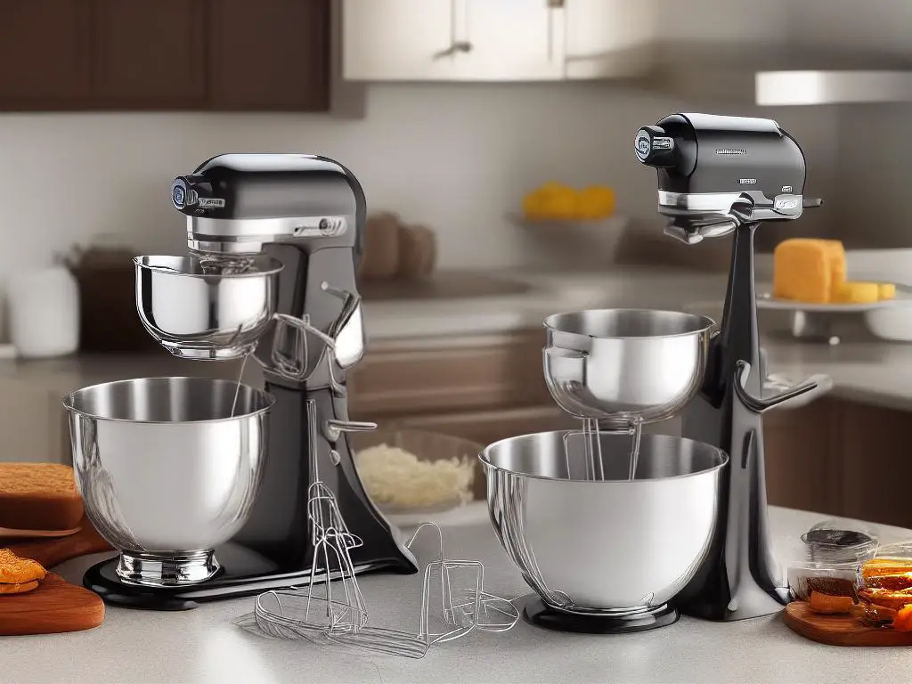 A picture of a stand mixer with various mixing bowl attachments including a whisk, dough hook, and paddle.