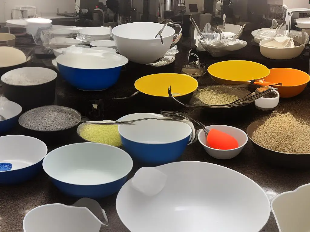 A picture of several mixing bowl attachments lined up and ready to be washed and stored.