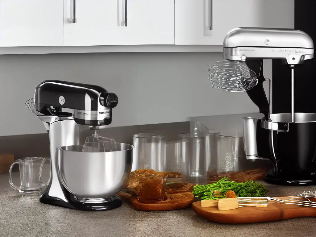 A picture of a stand mixer with several attachments such as a whisk, a paddle, a dough hook and a scraper, arranged neatly on the countertop.