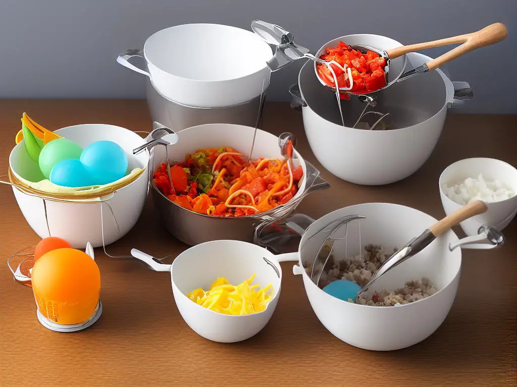 A picture of a mixing bowl with three attachments - a paddle attachment, a dough hook attachment, and a balloon whisk attachment.