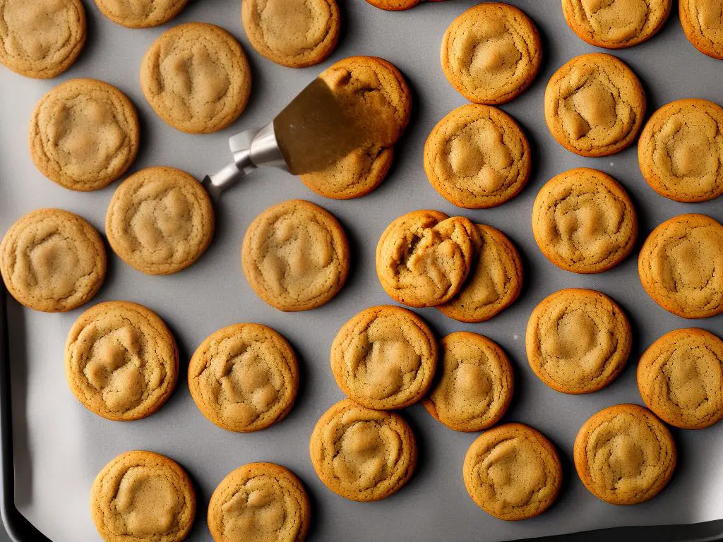 A baking sheet with golden-brown cookies fresh out of the oven, surrounded by kitchen utensils