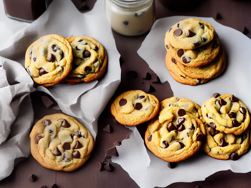 An image of freshly baked chocolate chip cookies being stored in an airtight container with a label reading 'Optimal Storage' on a wooden countertop.