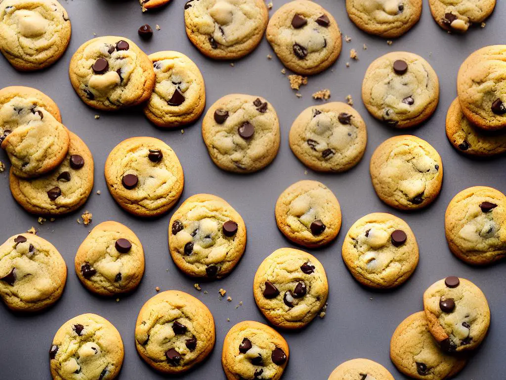 A batch of freshly-baked cookies of various shapes and sizes, still in the baking tray.