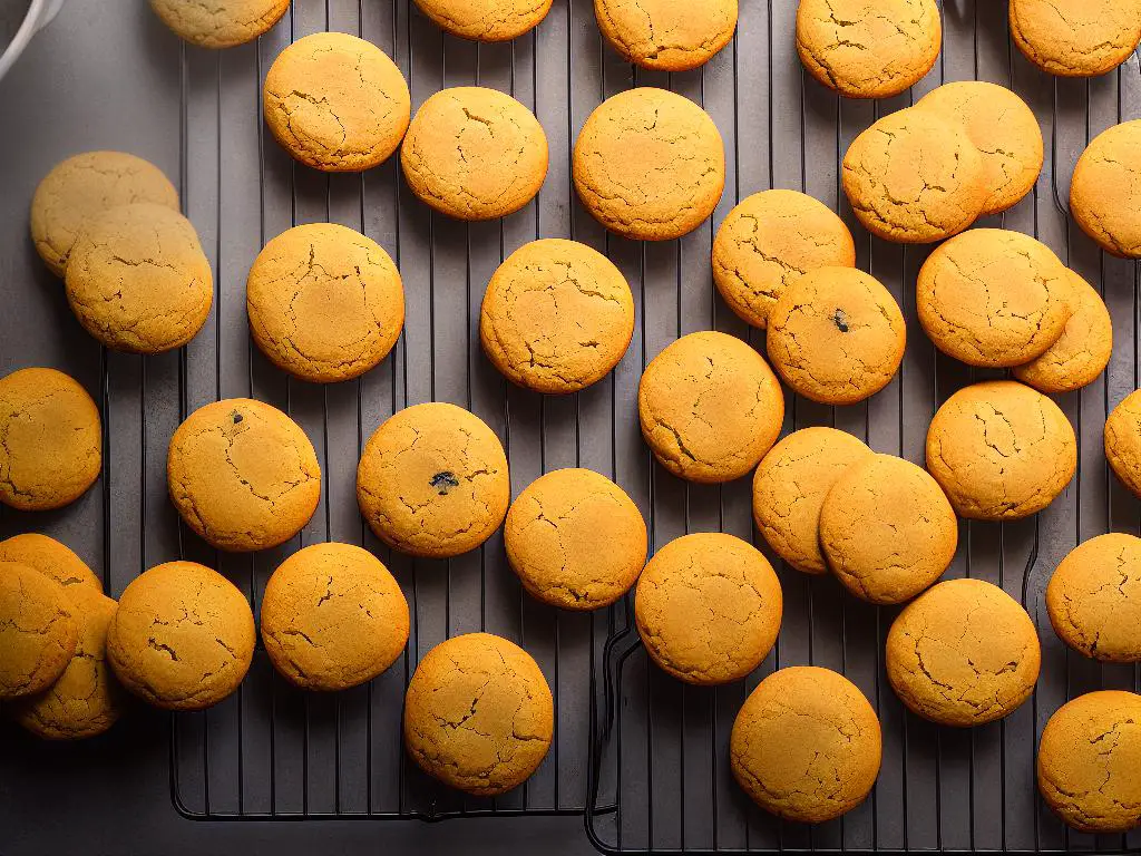 A tray of golden-brown, evenly baked and cooled cookies on a wire rack.