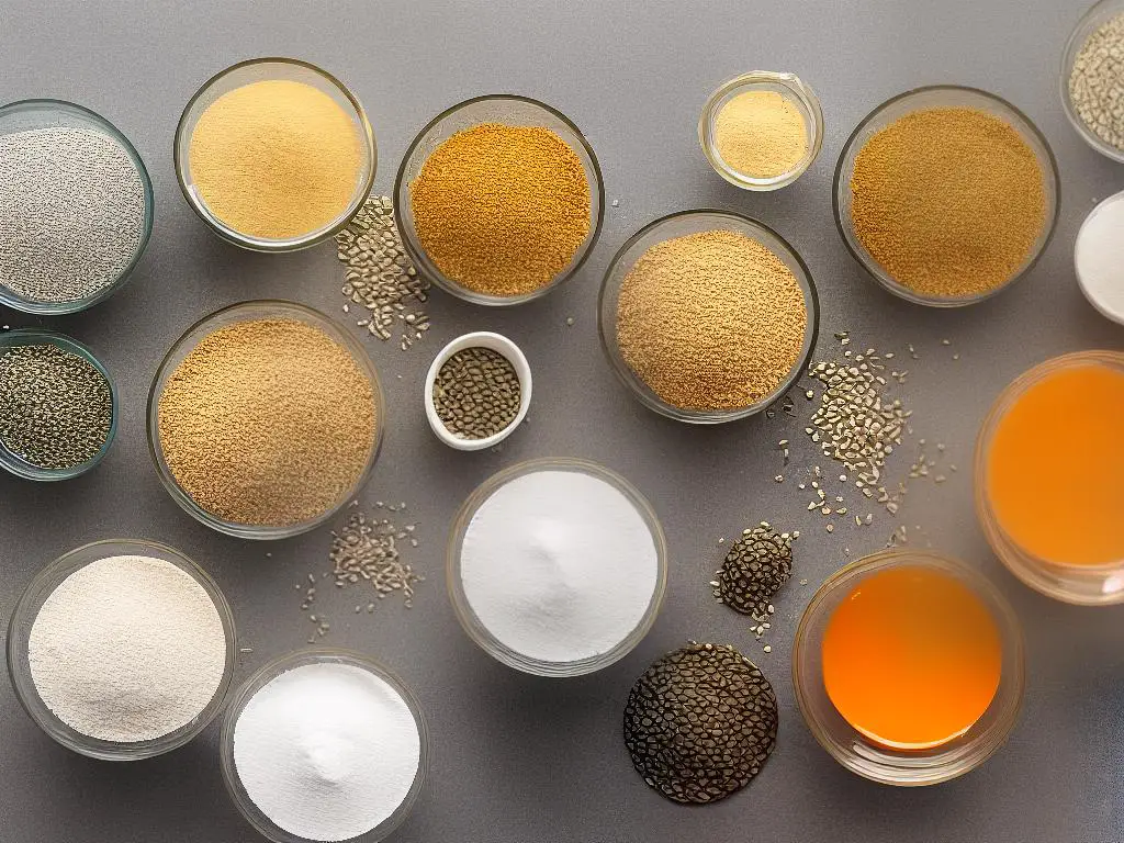 A picture of various seeds and flours used to create plant-based egg substitutes including flax seeds, chia seeds, and chickpea flour.