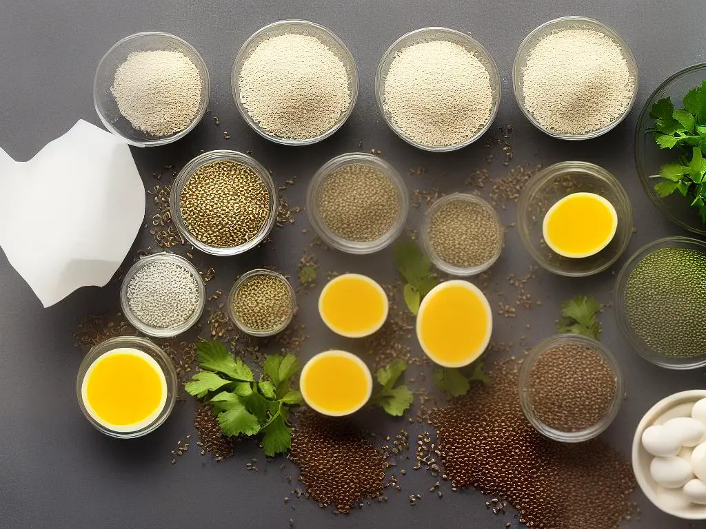 A picture of various plant-based egg alternatives such as mung bean protein, aquafaba, flaxseed meal, chia seeds, and tofu