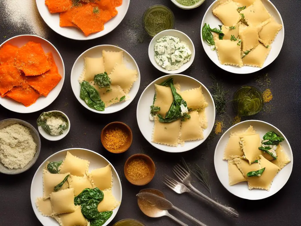 A picture of four different types of homemade ravioli - one with meat, one with spinach and ricotta, one with shrimp and cheese, and one with pumpkin and sage.