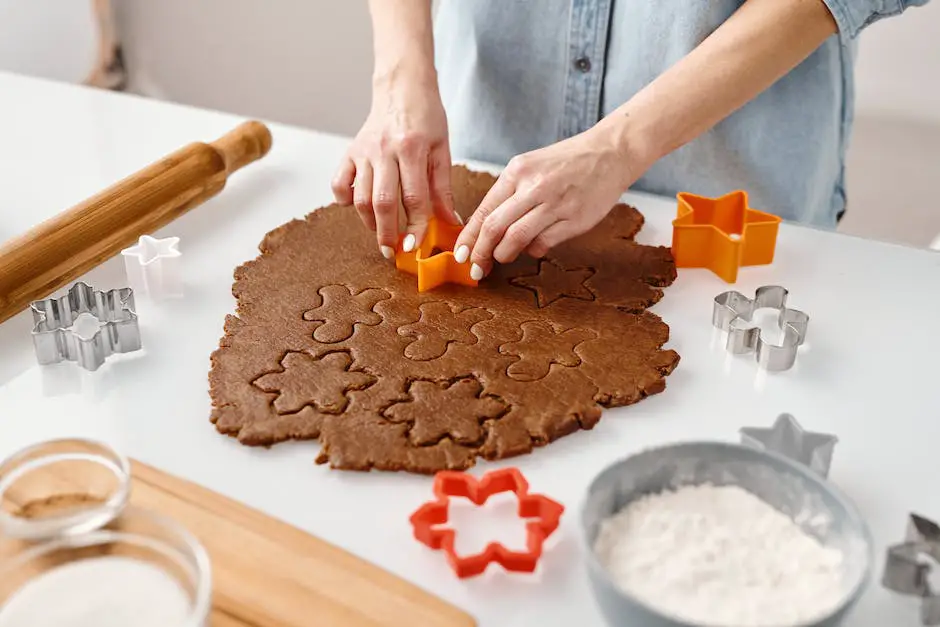 Picture of a woman rolling cookie dough with a cookie cutter nearby.