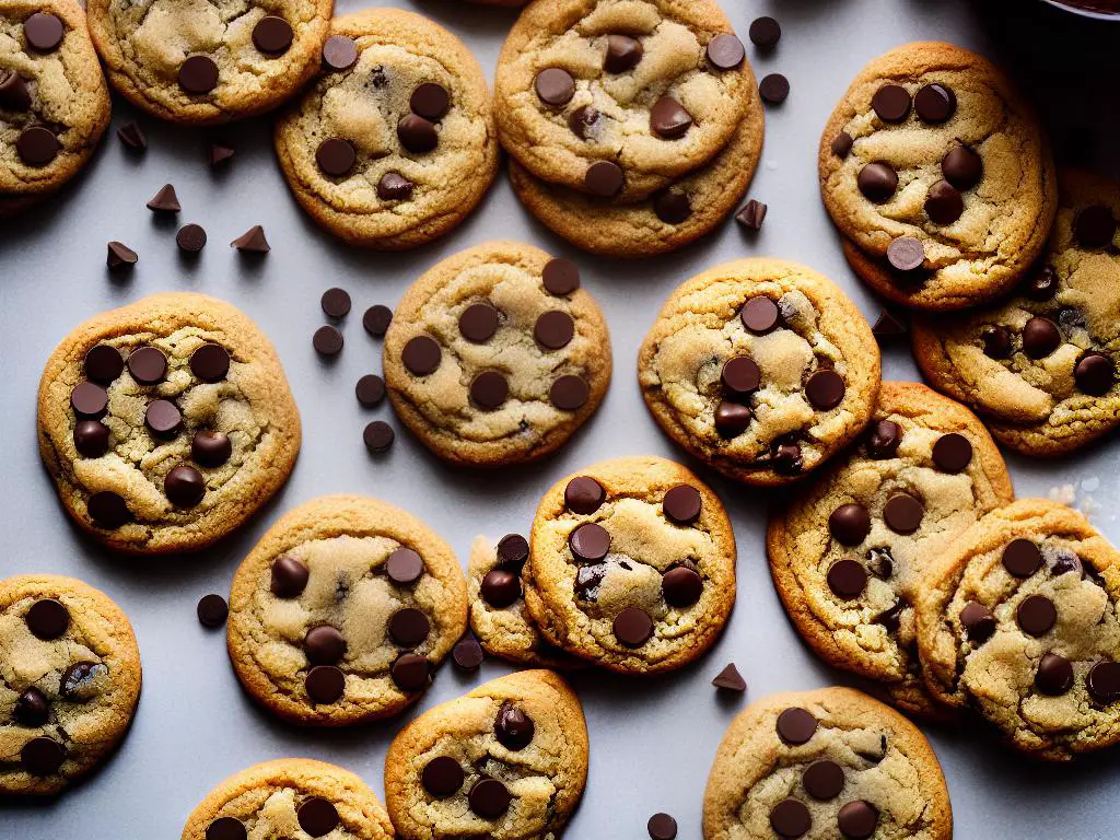 A picture of chewy cookies with chocolate chips and caramel, topped with sea salt.