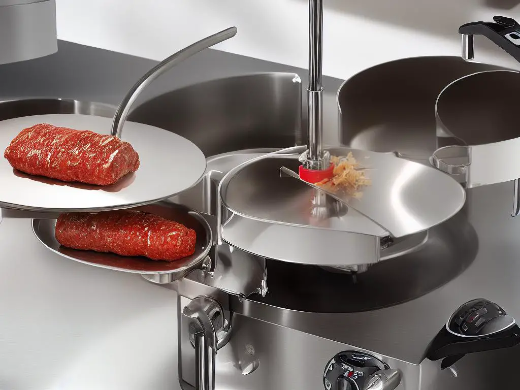 A picture of a manual sausage stuffer attachment with a cylinder and a plunger to push the meat through the stuffer and into the casing.