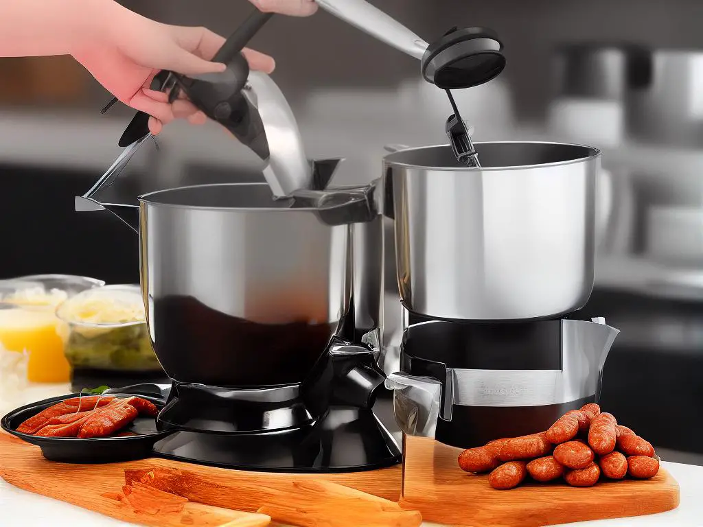 A sausage stuffer attachment connected to a stand mixer with a variety of sausage casings laying around.