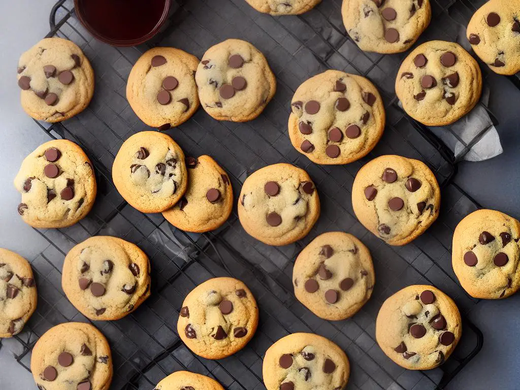 A picture of a batch of fresh baked chocolate chip cookies cooling on a wire rack.