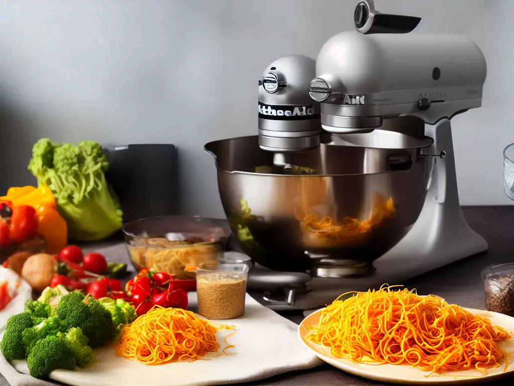 An attachment to the KitchenAid stand mixer that turns vegetables into noodles and also slices, cores, and peels fruits and vegetables.