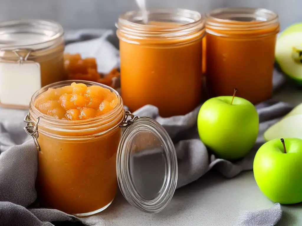 An image of a jar with applesauce in it, ready to be stored by canning.