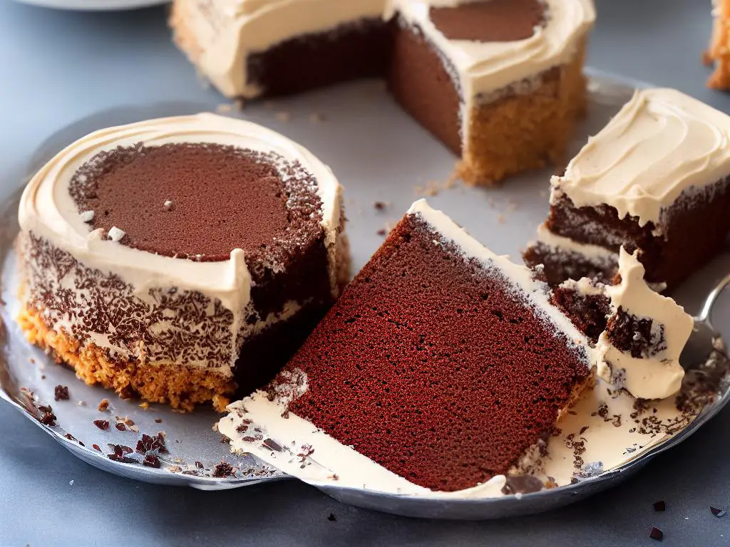 A photo of a frosted cake with browned butter frosting and chocolate sprinkles, angled so that the side of the cake is visible.