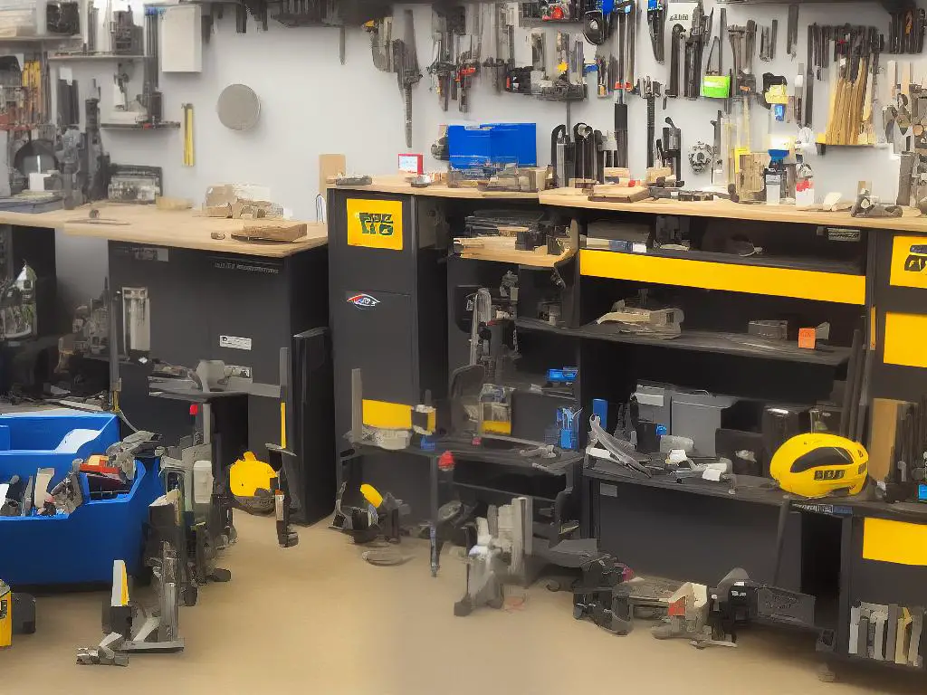 A picture of various tilt and head replacement parts displayed on a workbench, with tools and a toolbox in the background.