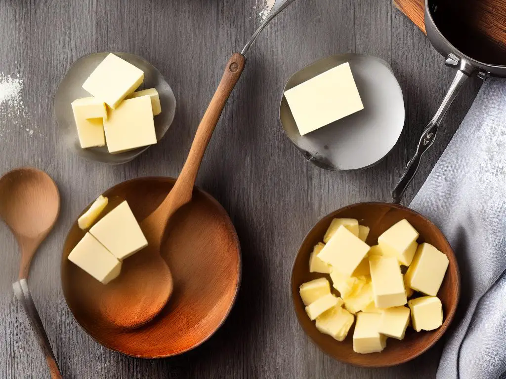 A stick of butter in a pan melting over a gas stove with a wooden spoon next to it.