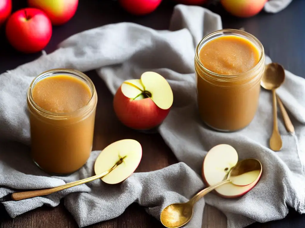 A jar of applesauce with a spoon next to it.