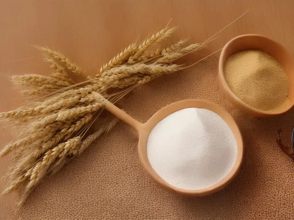 An image of a bowl of wheat grain and a bag of wheat flour with arrows pointing from the grain to the different types of flour (all-purpose, bread, and pastry) and their respective uses in baking.