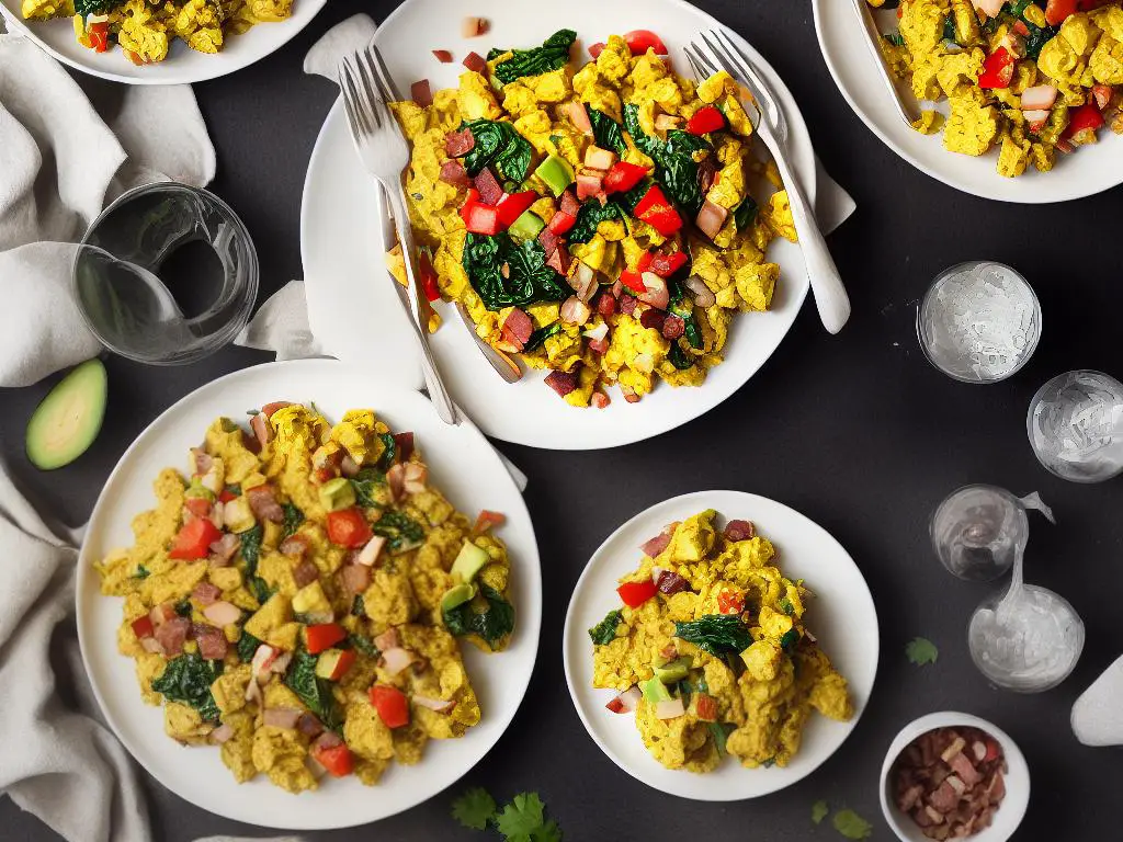 This picture shows a breakfast plate that is vegan, meaning it does not include any animal products. Instead of eggs, there is a tofu scramble that looks similar to scrambled eggs. The tofu is mixed with vegetables like bell peppers, onions, and spinach. There is also avocado, bacon-flavored tempeh, and toast on the plate.