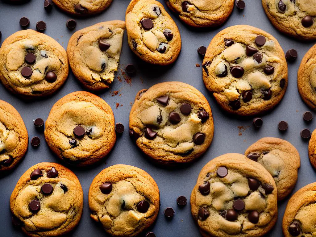 Image of freshly baked vegan chocolate chip cookies on a baking sheet.