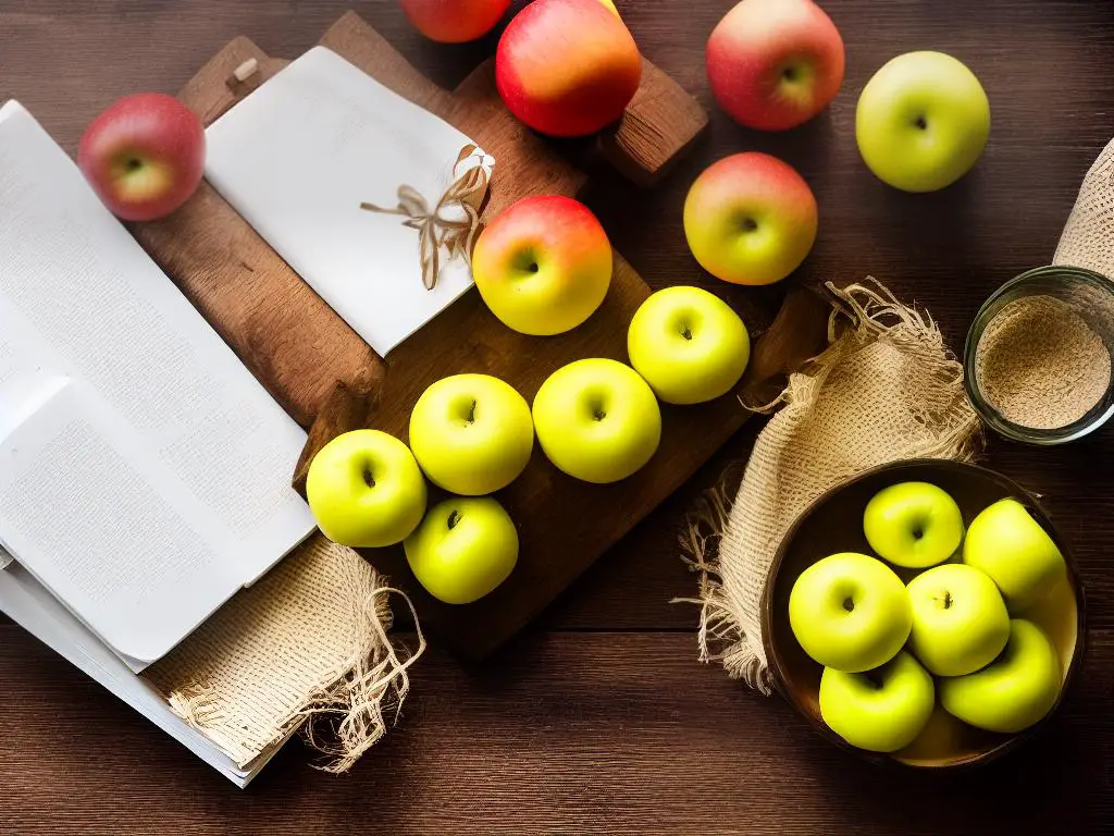 A picture of ripe bananas and apples on a wooden table with a mixing bowl and recipe book in the background.