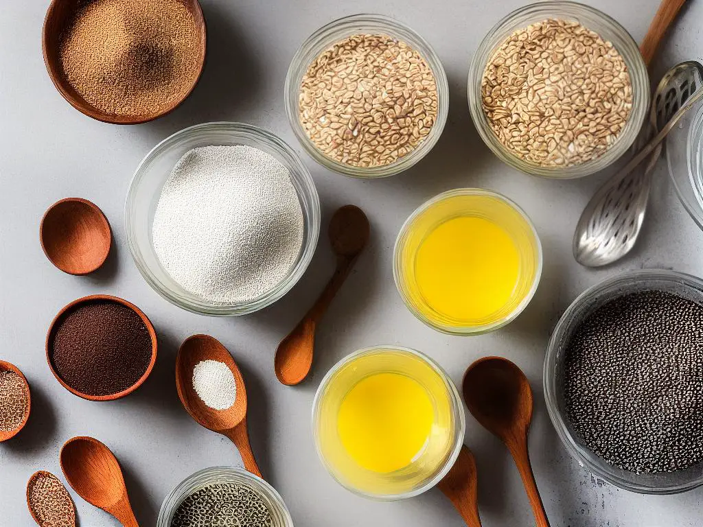 This image shows two bowls, one with flaxseeds and the other with chia seeds on a wooden surface, surrounded by measuring spoons, a fork, and a mixing bowl. The image depicts the ingredients used in making flax and chia egg substitutes.