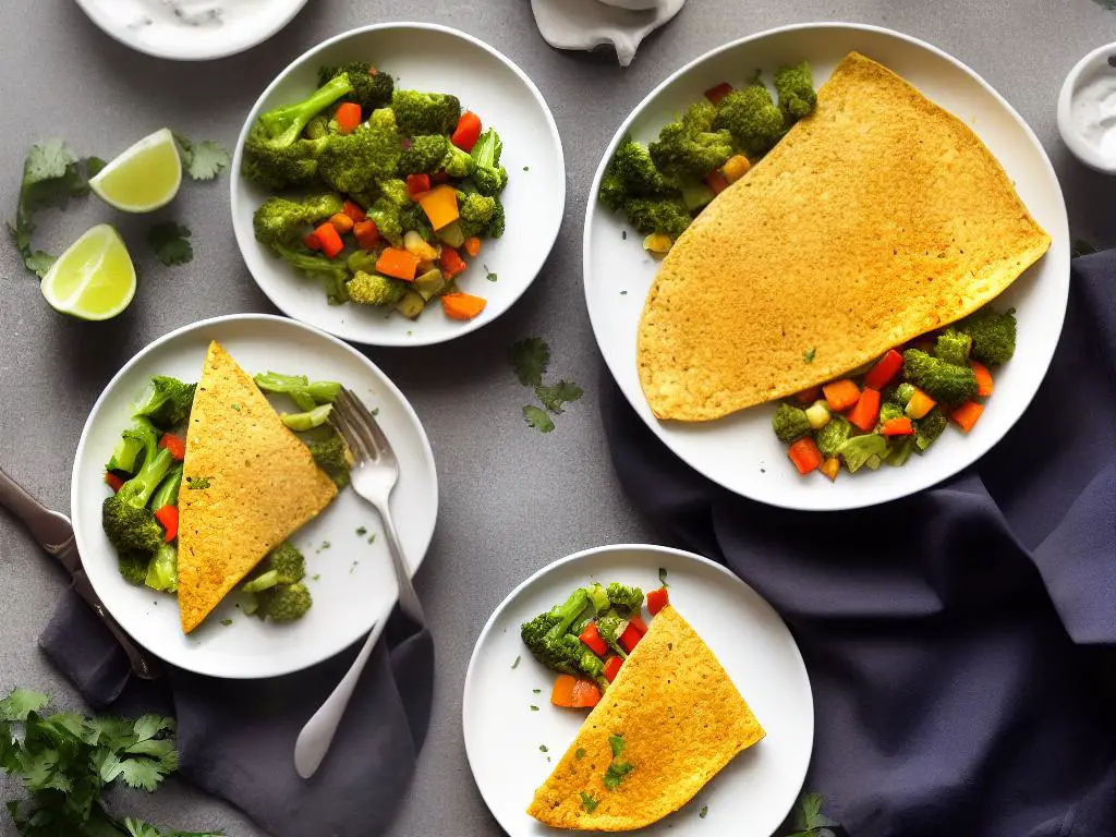 A vegan omelette made with chickpea flour and mixed vegetables, topped with vegan cheese.